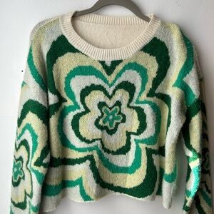 Cute Girly Spring Hippie Green Flower Cropped Sweater